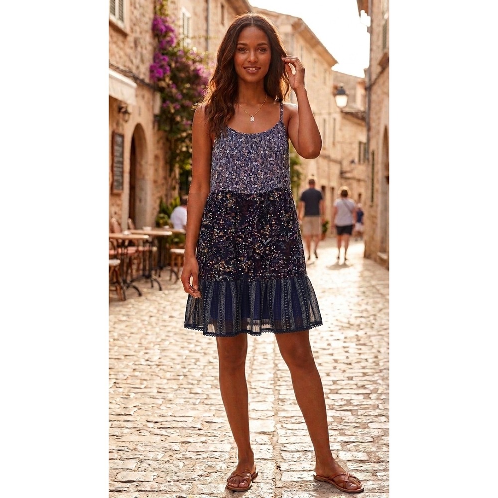 Mo:Vint New York Navy Blue Floral Mixed Print Tiered Mini‎ Dress Womens Medium